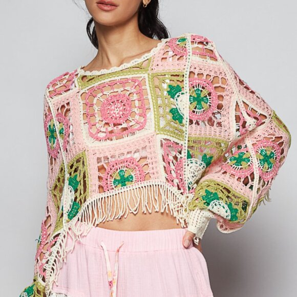 POL Boho Crochet Top Hippie Fringe Patchwork Sweater Festival Wear - Picture 3 of 11